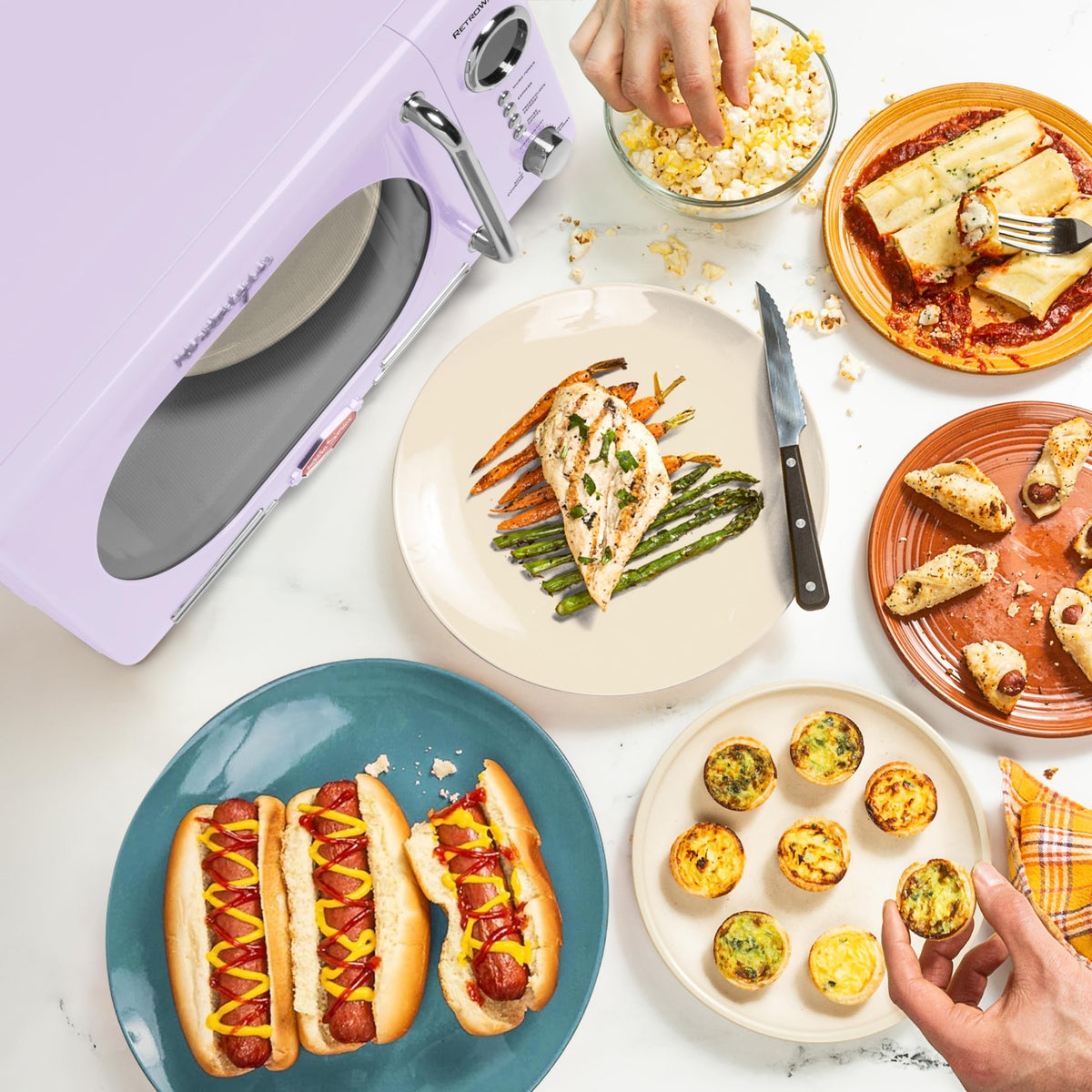 Nostalgia microwave rotate carousel interior ensures even heating.