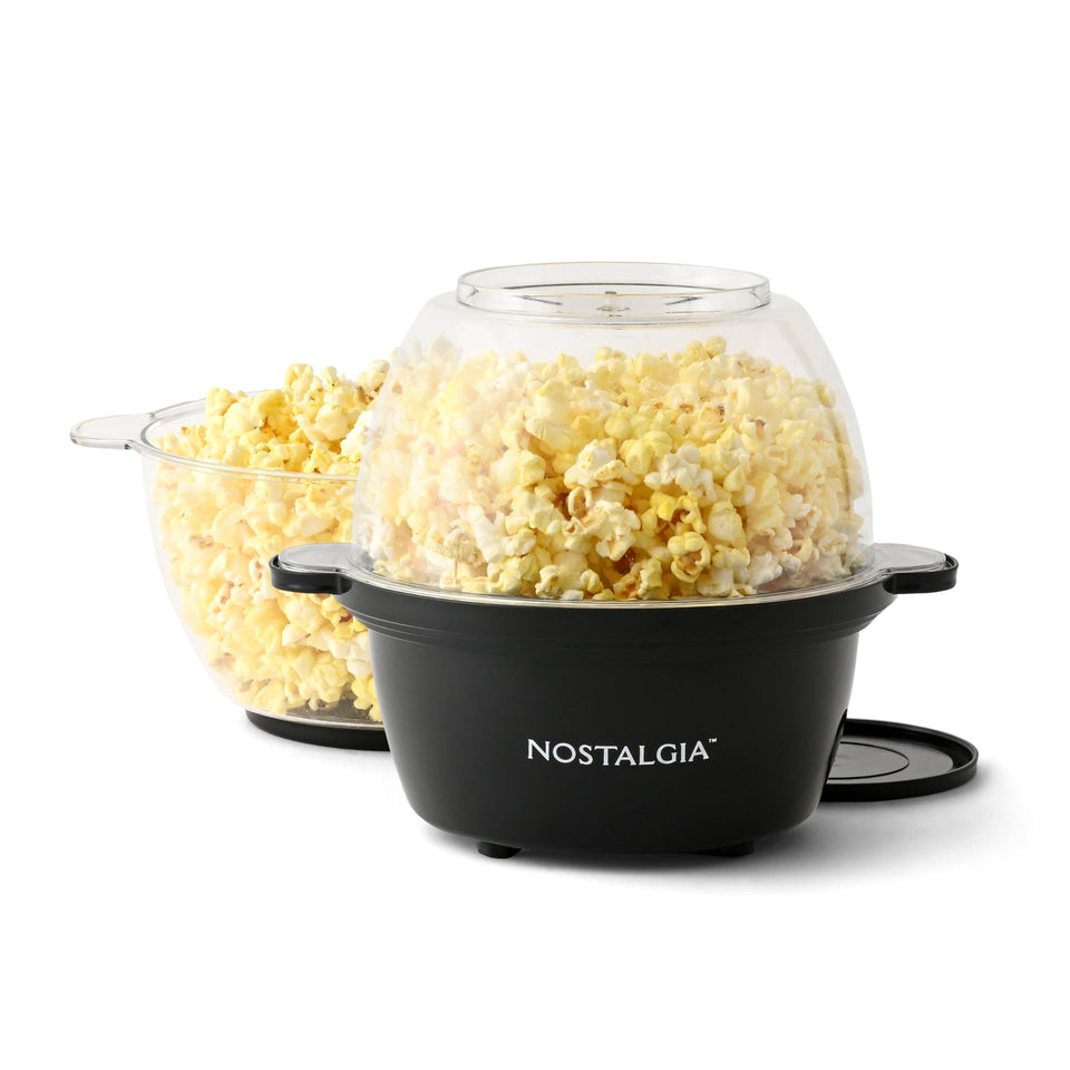 Nostalgia non-stick stirring popcorn maker with 2 qt capacity for quick movie-night snacking.