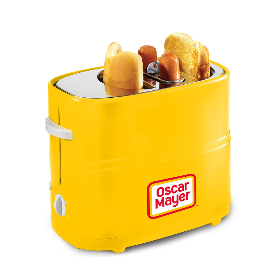 Nostalgia Oscar Mayer 2-slot toaster front view toasting two hot dogs quickly