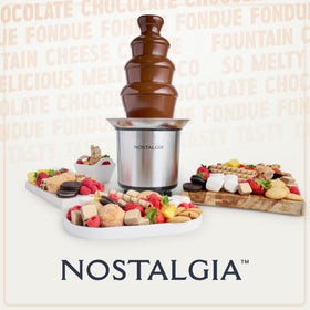 Nostalgia party setup with chocolate fountain elevates hosting.