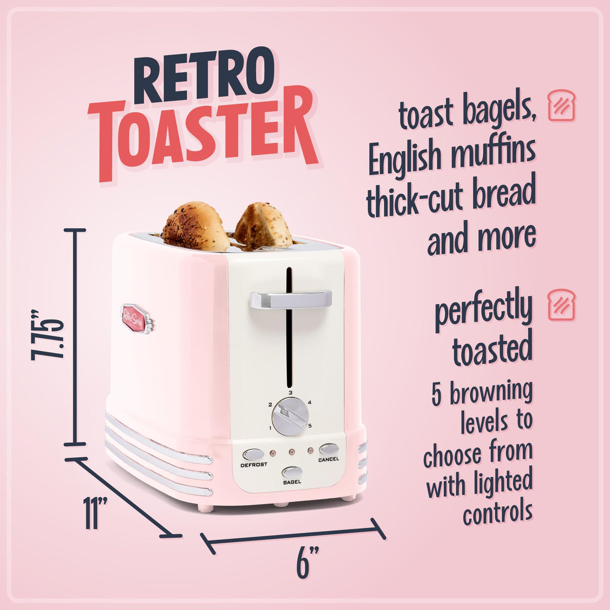 Nostalgia pink toaster bagel button engaged for thicker breads