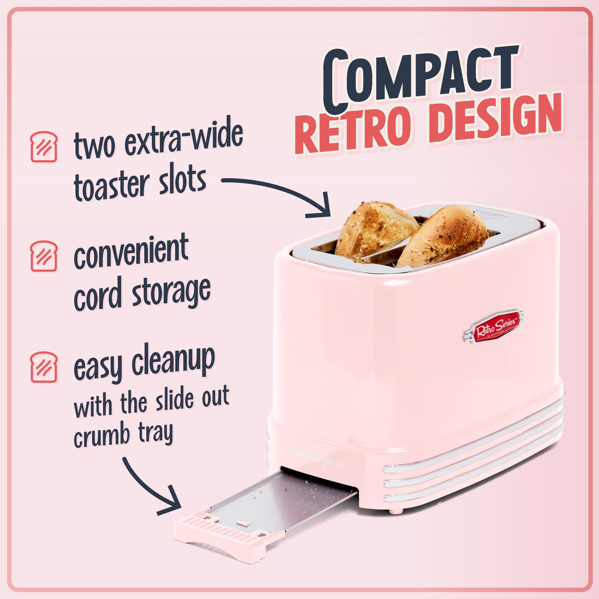 Nostalgia pink toaster crumb tray shown for quick cleanup after breakfast