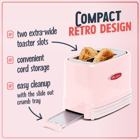 Nostalgia pink toaster crumb tray shown for quick cleanup after breakfast