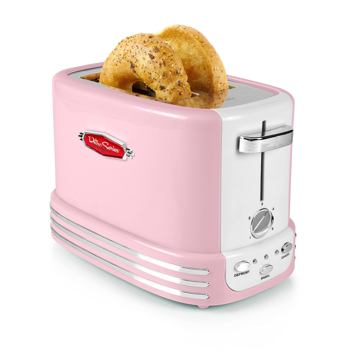 Nostalgia pink retro toaster front view with extra-wide slots for bagels and thick slices