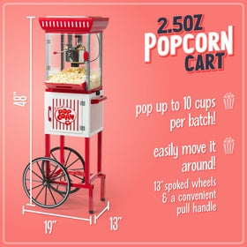 Nostalgia popcorn cart mobility wheels enable easy room-to-room setup.