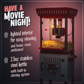 Nostalgia popcorn cart storage compartment keeps accessories organized.