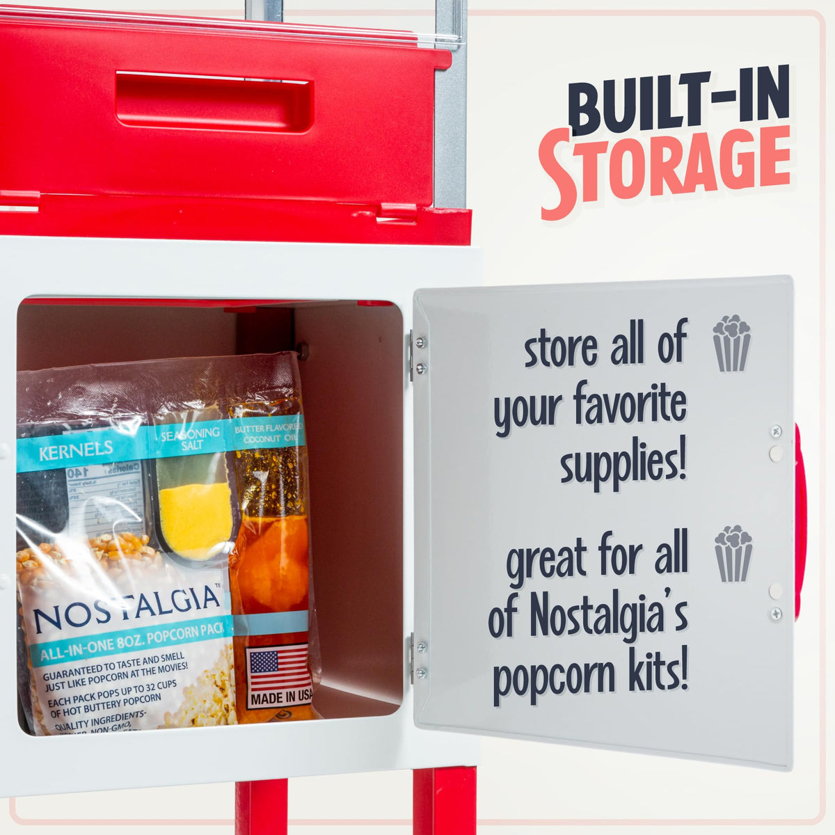 Nostalgia popcorn cart tempered-glass windows resist heat and scratches.