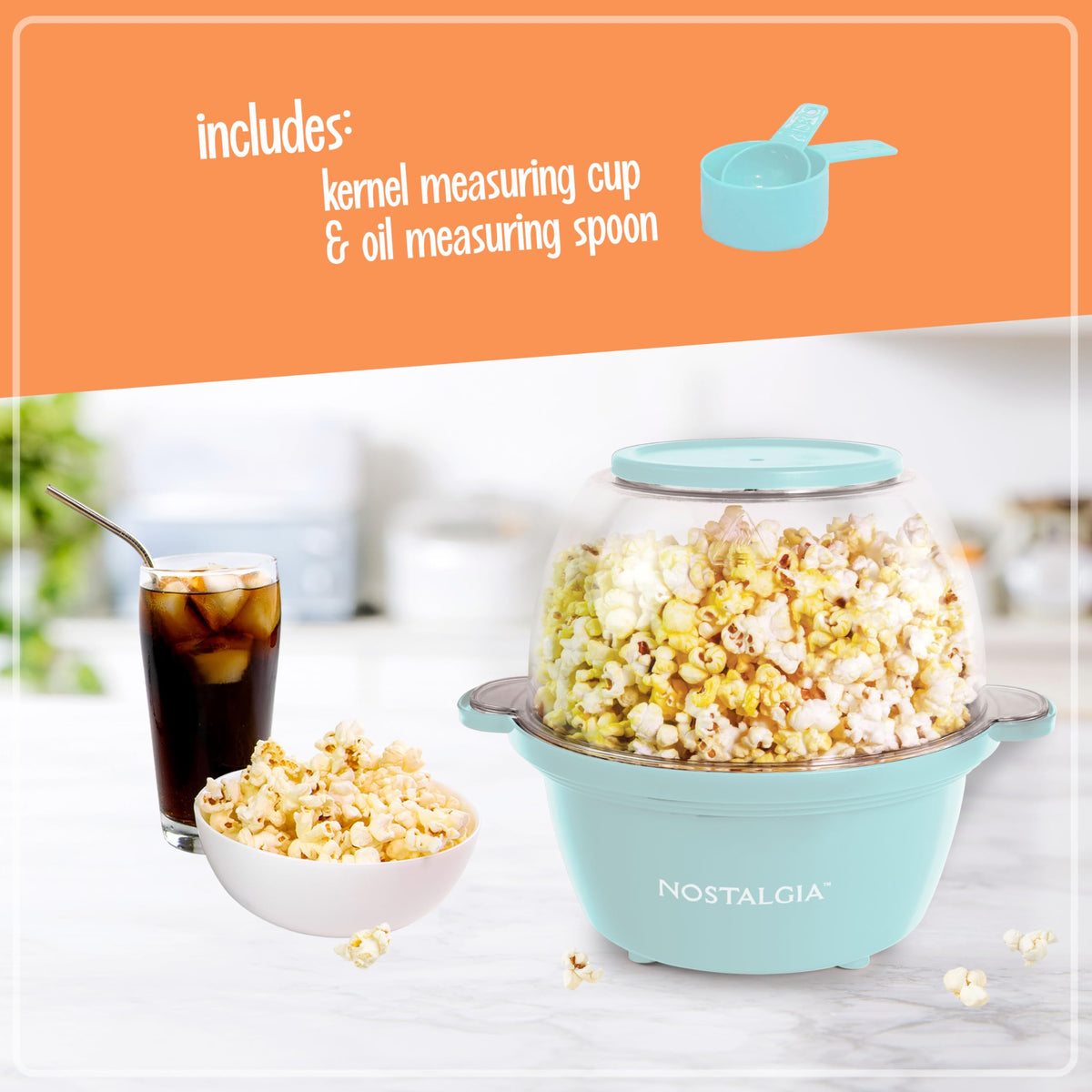 Nostalgia popcorn maker automatic stirring rod ensures even popping.