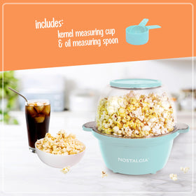 Nostalgia popcorn maker automatic stirring rod ensures even popping.