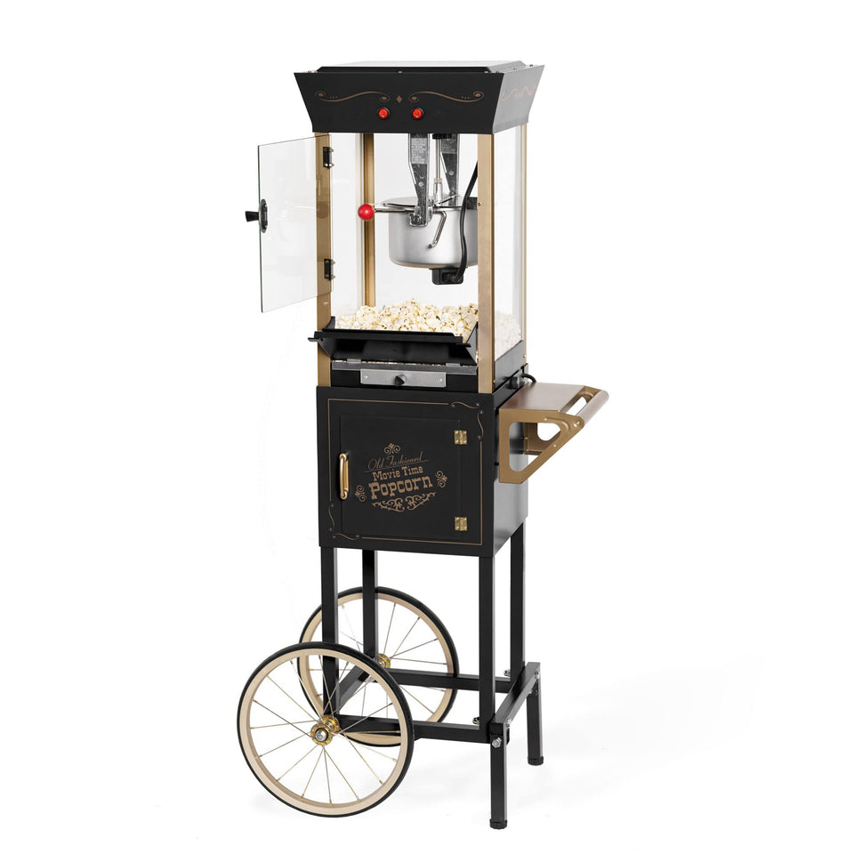 Nostalgia popcorn maker cart exterior in black adds retro home theater style.