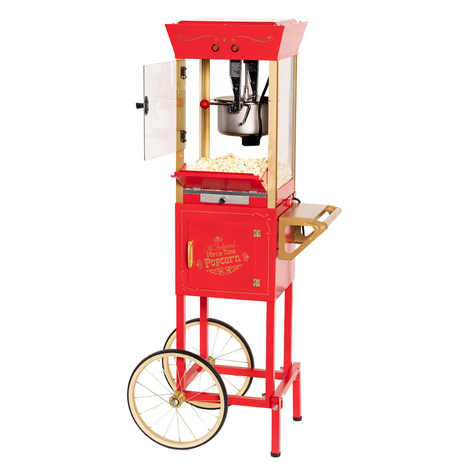 Nostalgia popcorn maker cart front view showing retro red design and shelf.