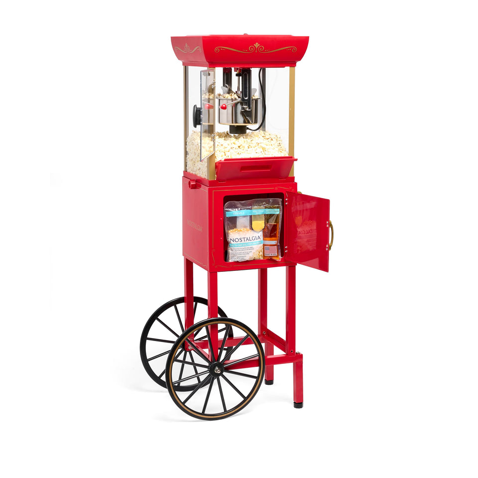 Nostalgia popcorn maker on a vintage cart delivering theater-style popcorn at home.