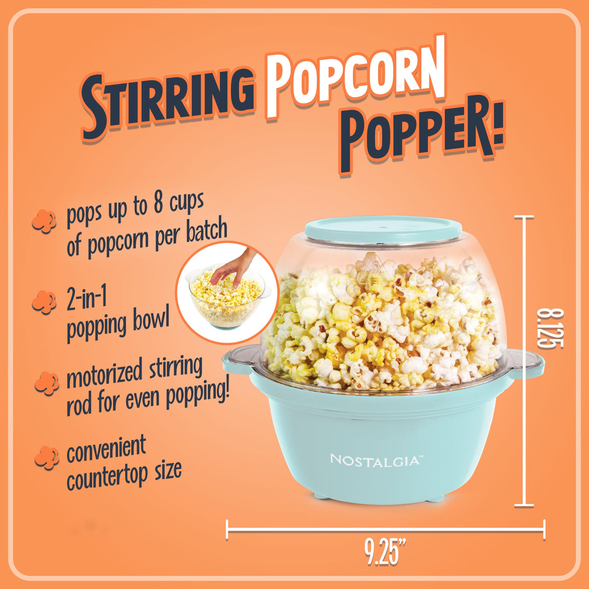 Nostalgia popcorn maker dual lid serving bowl transforms for sharing.