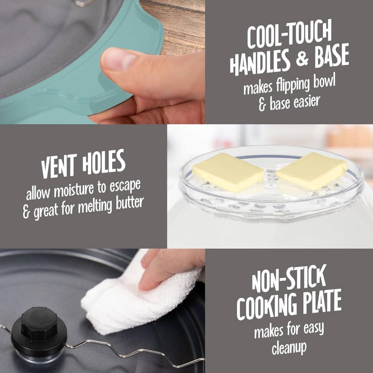 Nostalgia popcorn maker lid vents for melted butter topping.