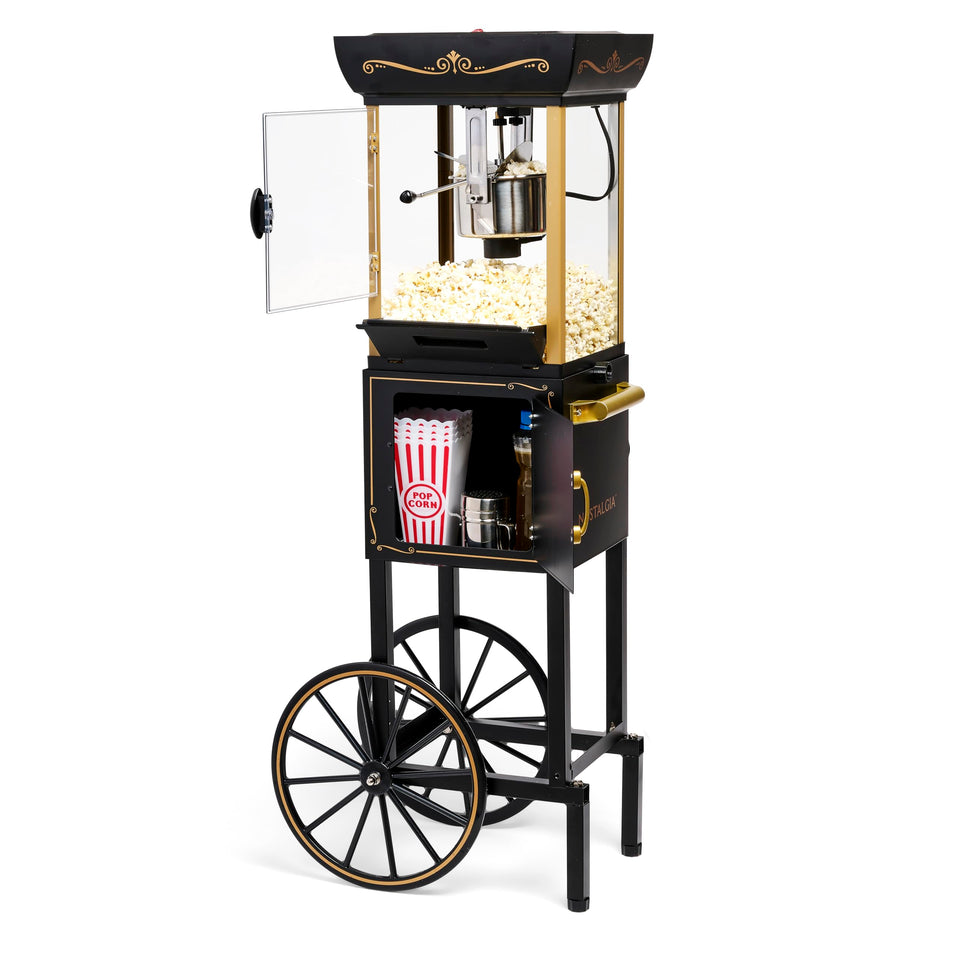 Nostalgia popcorn maker on a vintage theater cart ready for home movie nights.