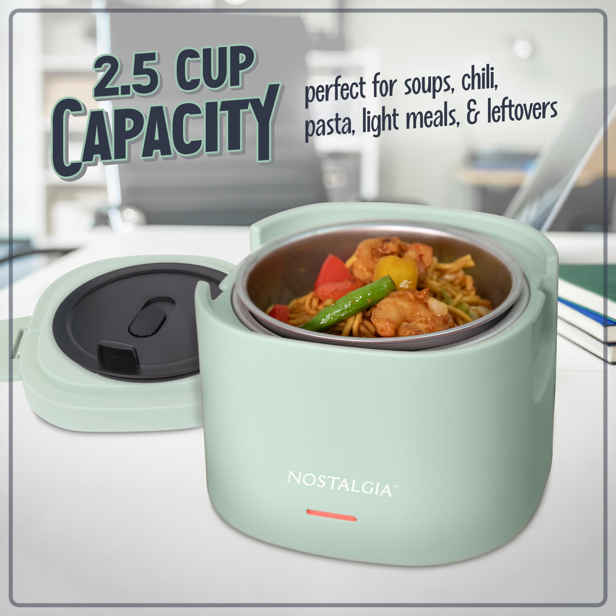 Nostalgia heated lunch box detachable cord connected to outlet for convenient heating.