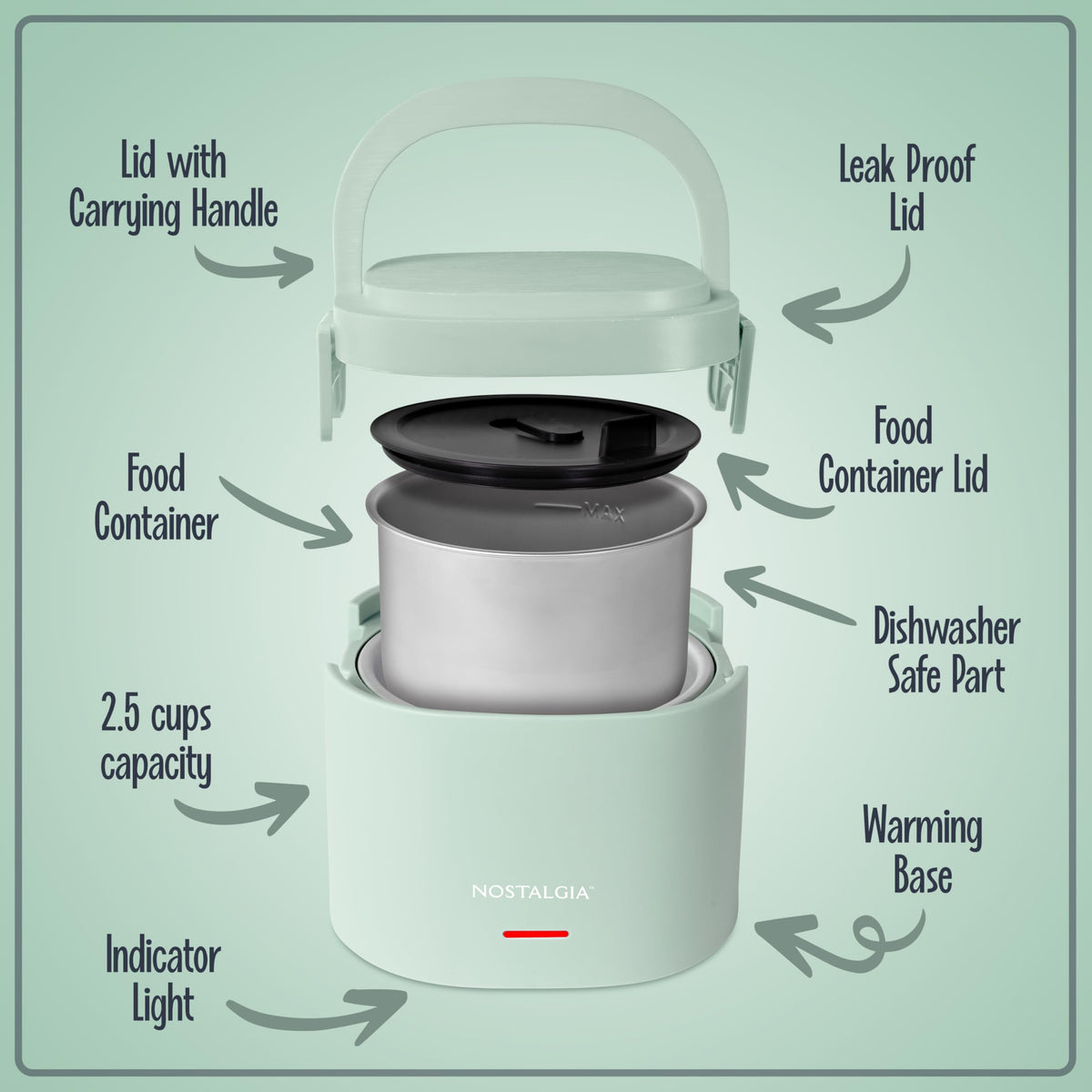 Nostalgia portable lunch box foldable carry handle extended for easy portability.