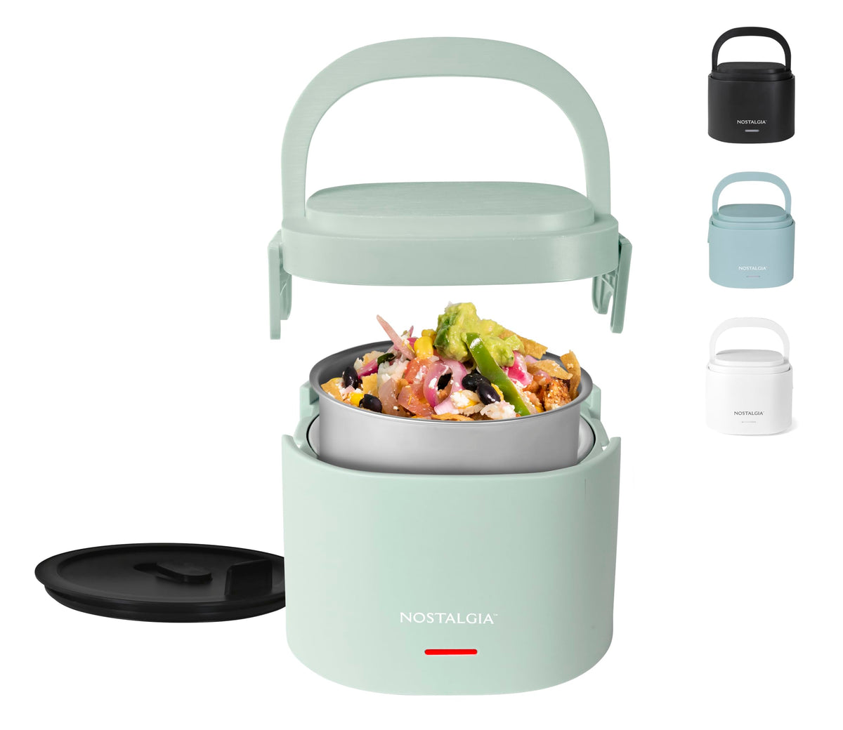 Nostalgia portable heated lunch box with sage lid showing leak-free seal for hot meals on the go.