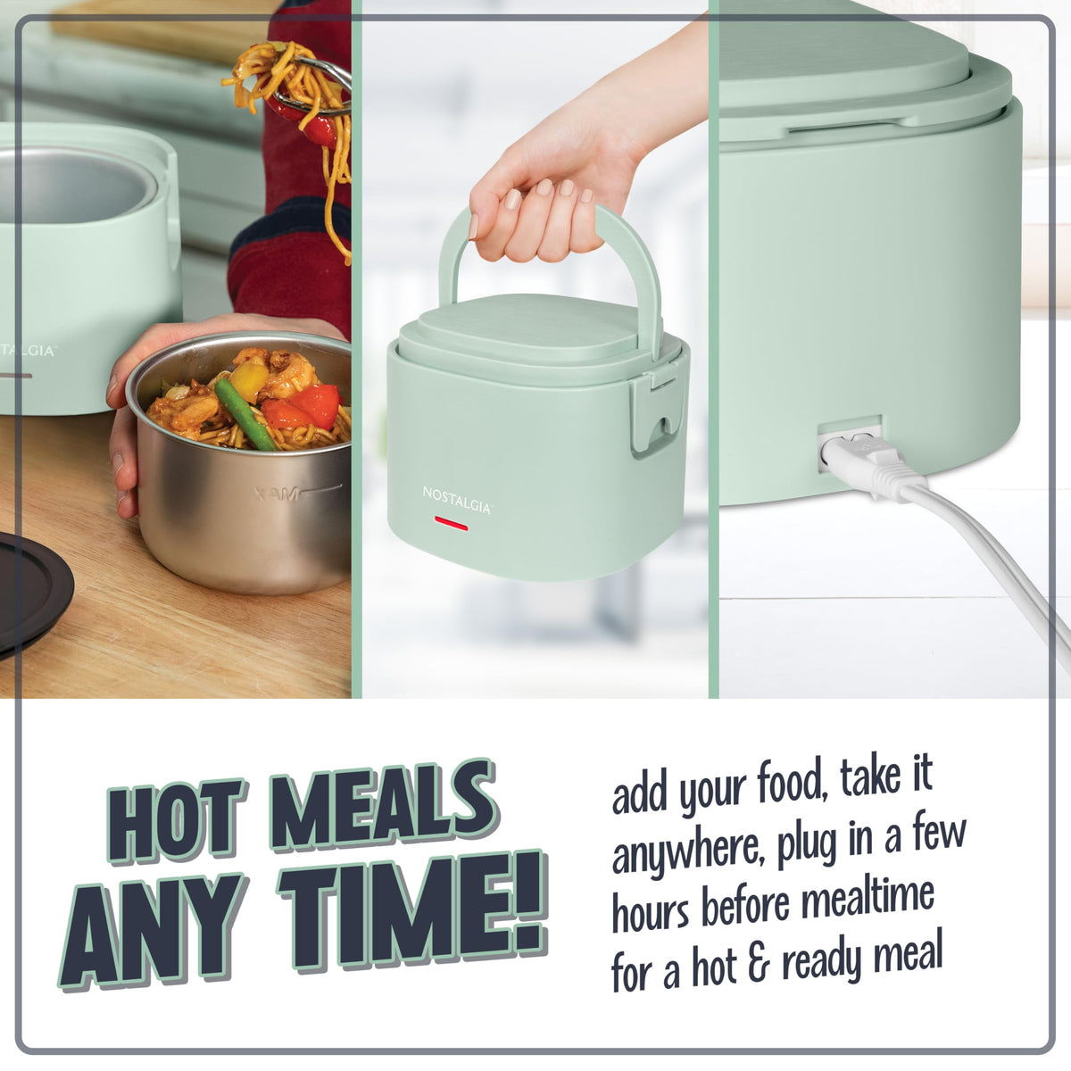 Nostalgia heated lunch box silicone sealed lid illustrated to prevent leaks.