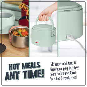 Nostalgia heated lunch box silicone sealed lid illustrated to prevent leaks.