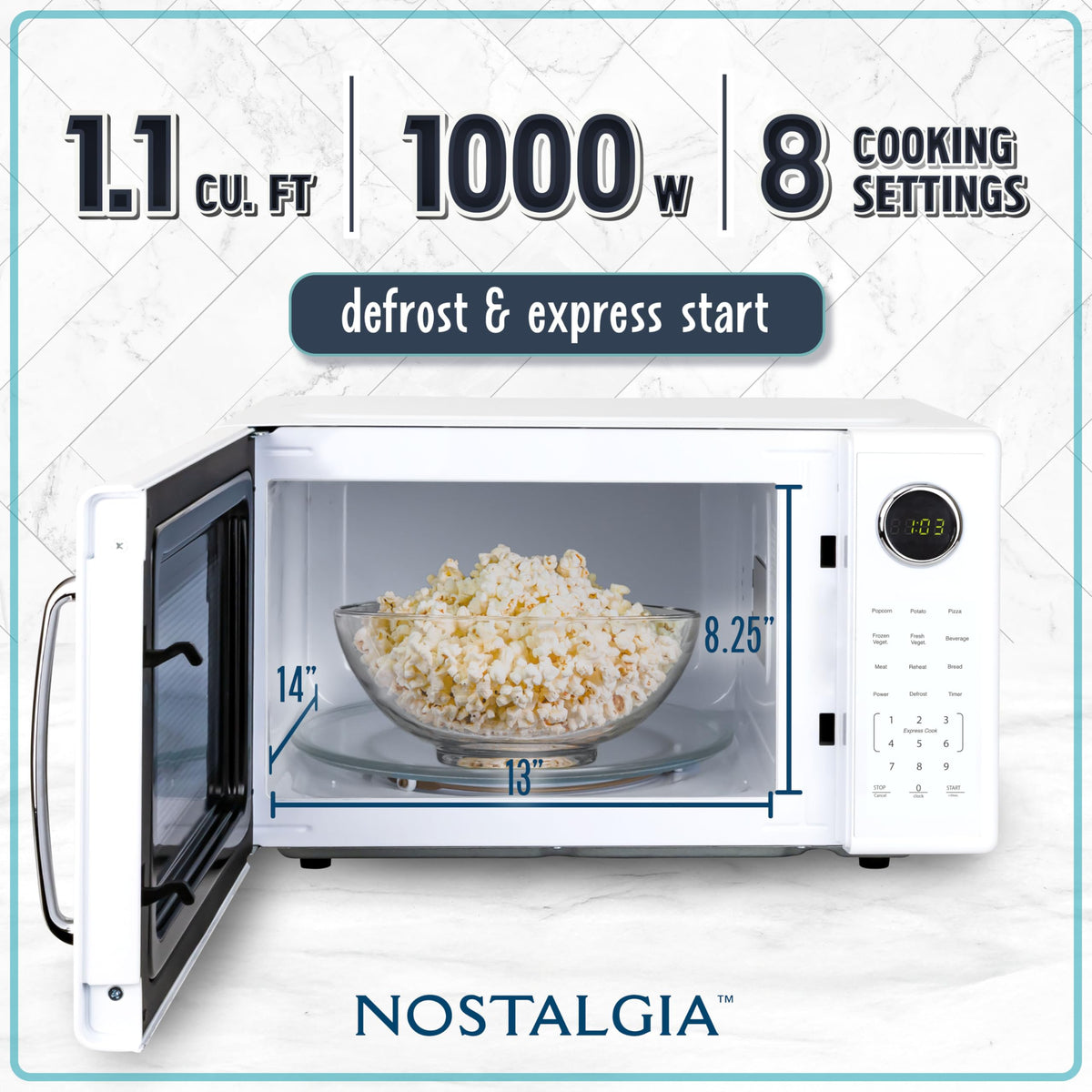 Nostalgia Retro 1000W microwave control panel closeup, easy-to-use buttons for precise settings.