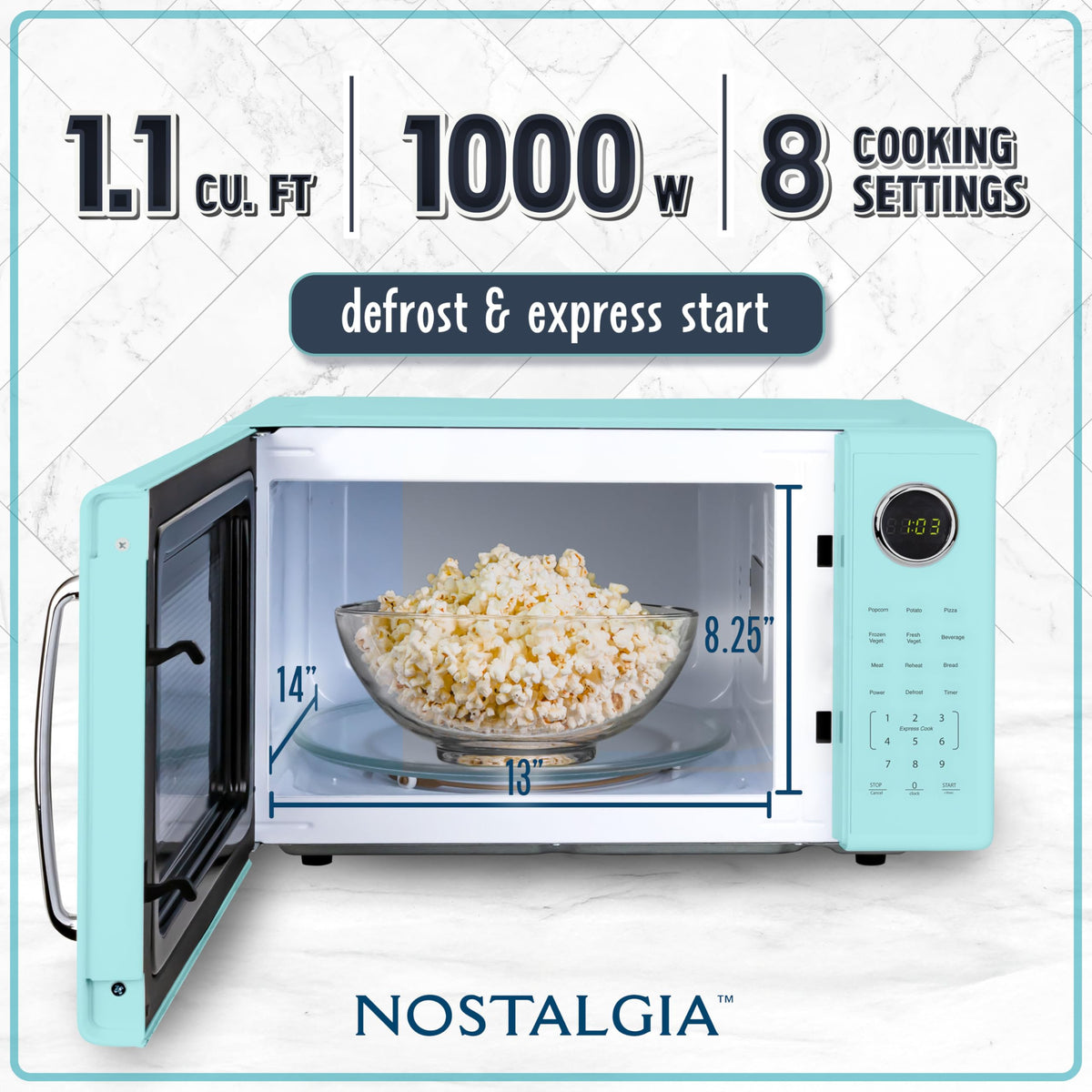 Nostalgia Retro 1000W microwave control panel for quick settings and programs