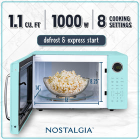 Nostalgia Retro 1000W microwave control panel for quick settings and programs