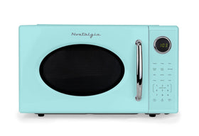 Nostalgia Retro 1000W microwave front view showing compact, stylish countertop design