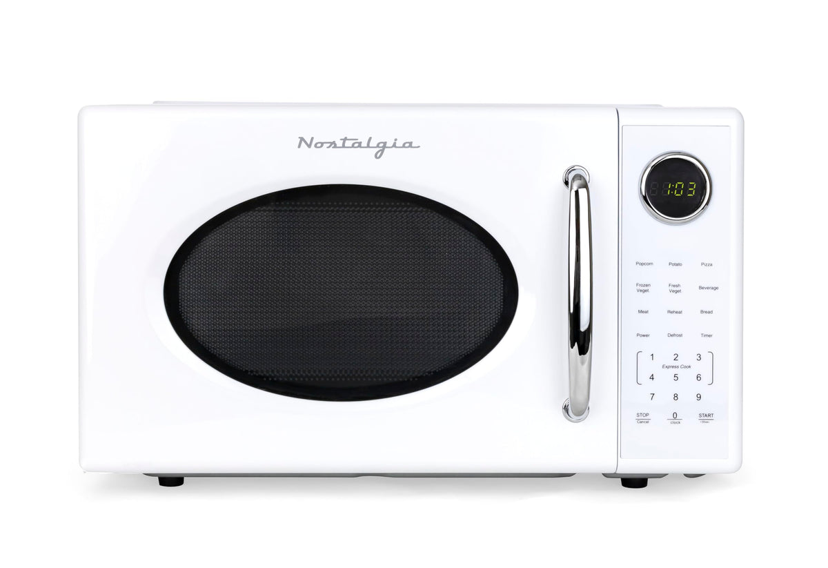 Nostalgia Retro 1000W microwave front view, stylish countertop helper for fast weeknight meals.