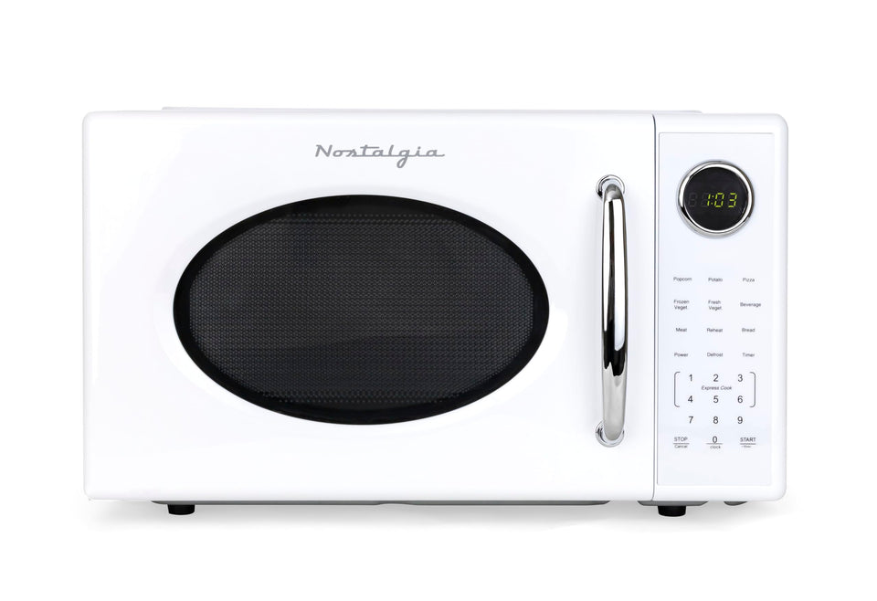 Nostalgia Retro 1000W microwave front view, stylish countertop helper for fast weeknight meals.