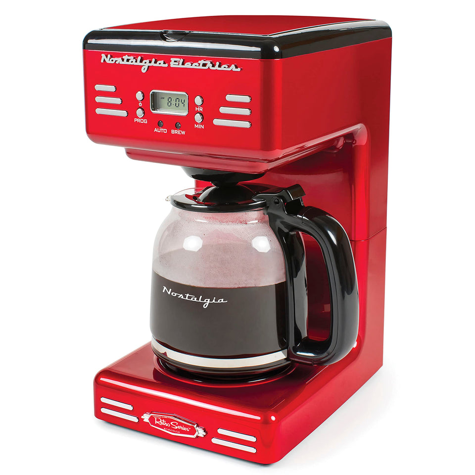Nostalgia retro 12-cup coffee maker in red, ideal for busy mornings.