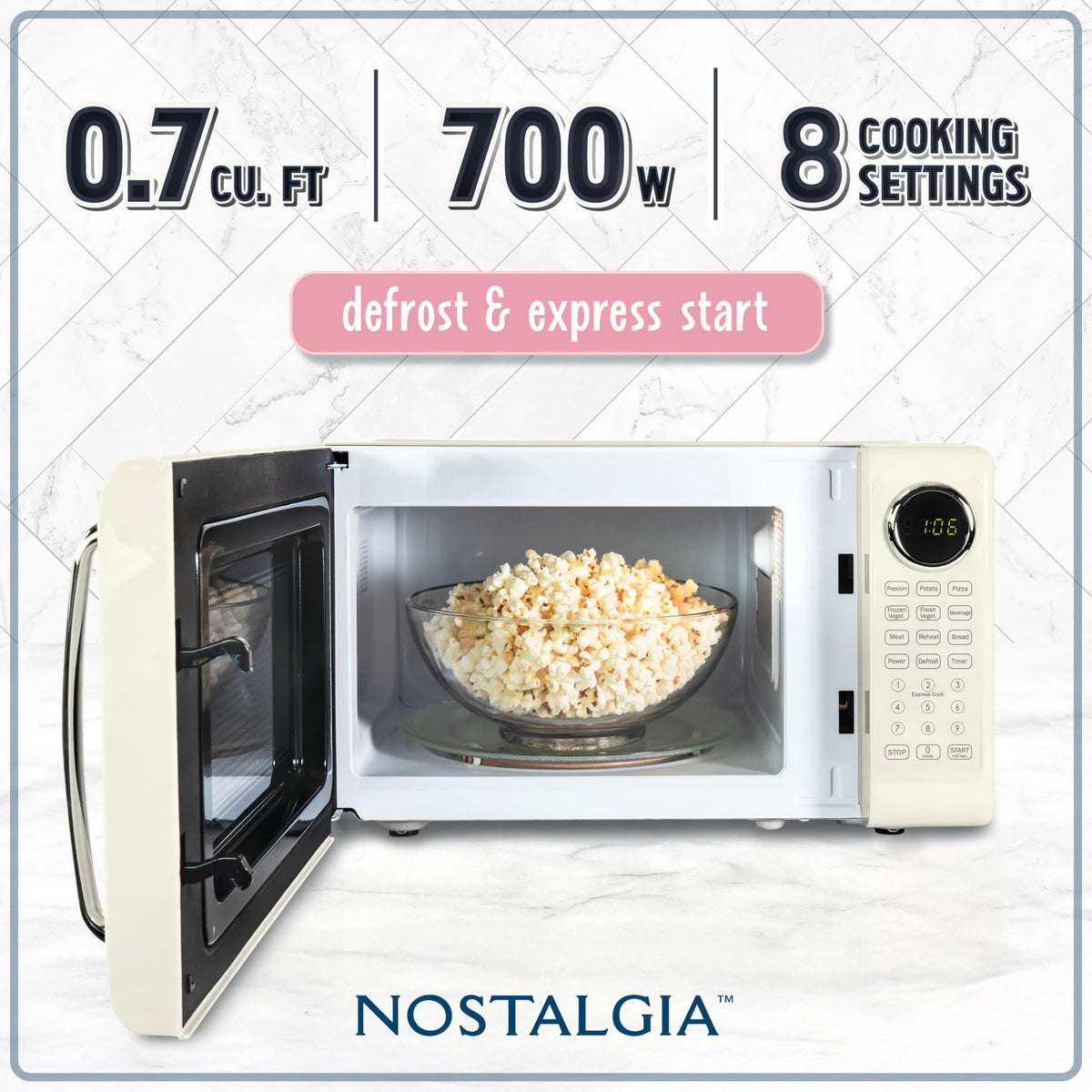 Nostalgia control panel close-up enables easy time and power adjustments for quick meals.