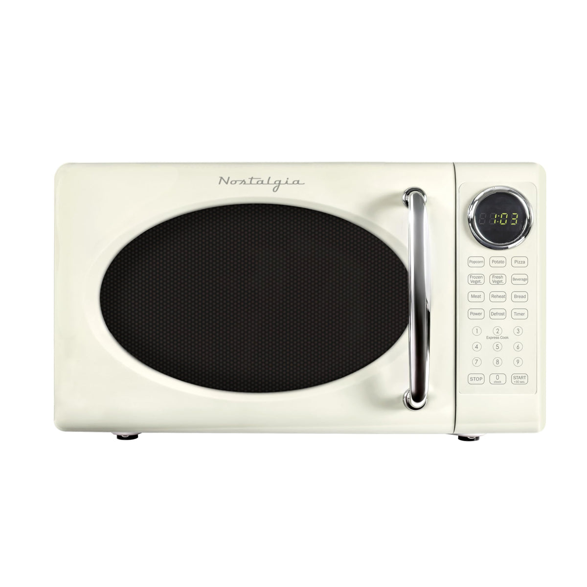 Nostalgia Retro 700W microwave front view in ivory, ideal for compact kitchens.
