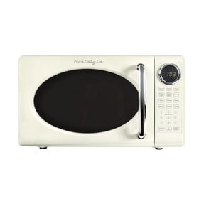 Nostalgia Retro 700W microwave front view in ivory, ideal for compact kitchens.