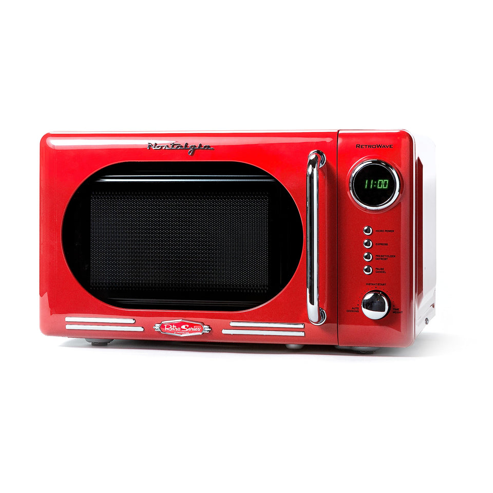 Nostalgia retro microwave front view in red with LED display for quick meals.