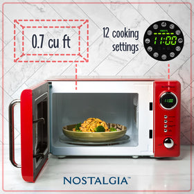 Nostalgia microwave close-up of LED display and controls for easy programming.