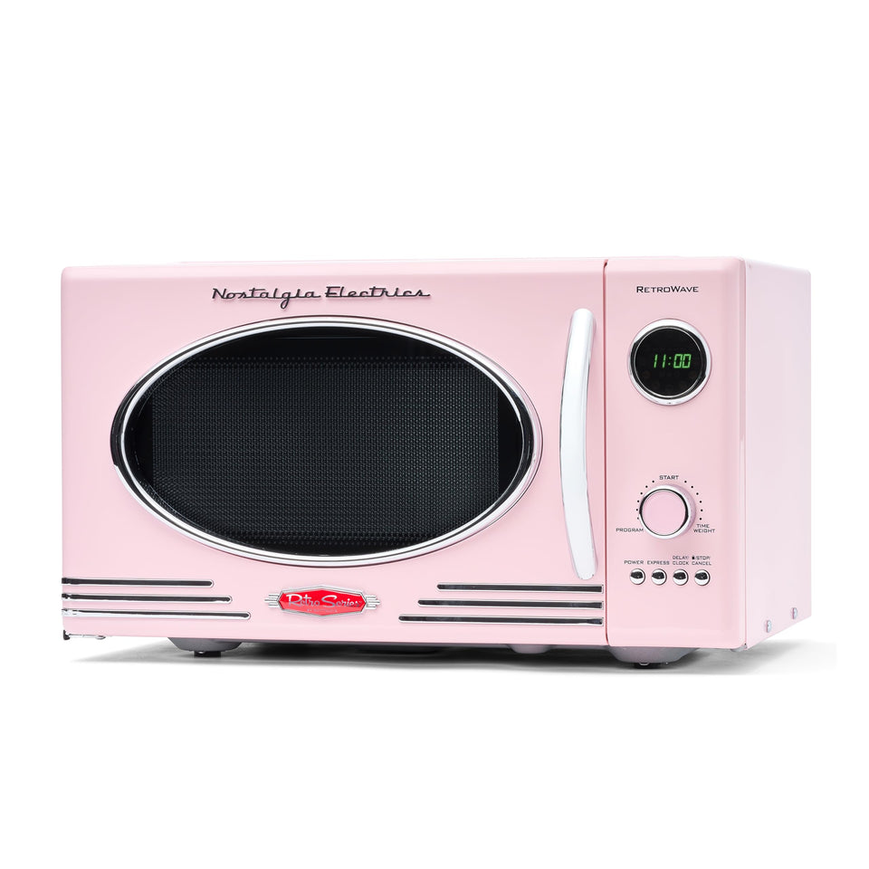 Nostalgia retro microwave pink front view for compact kitchen prep