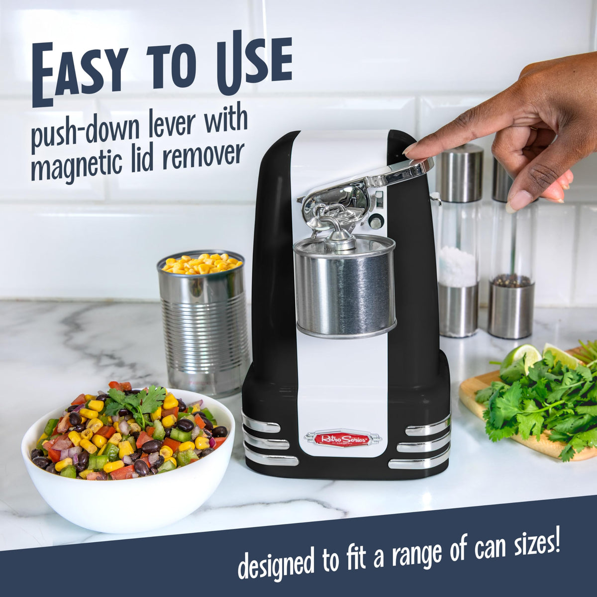 Built-in bottle opener on Nostalgia can opener for beverages