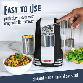 Built-in bottle opener on Nostalgia can opener for beverages