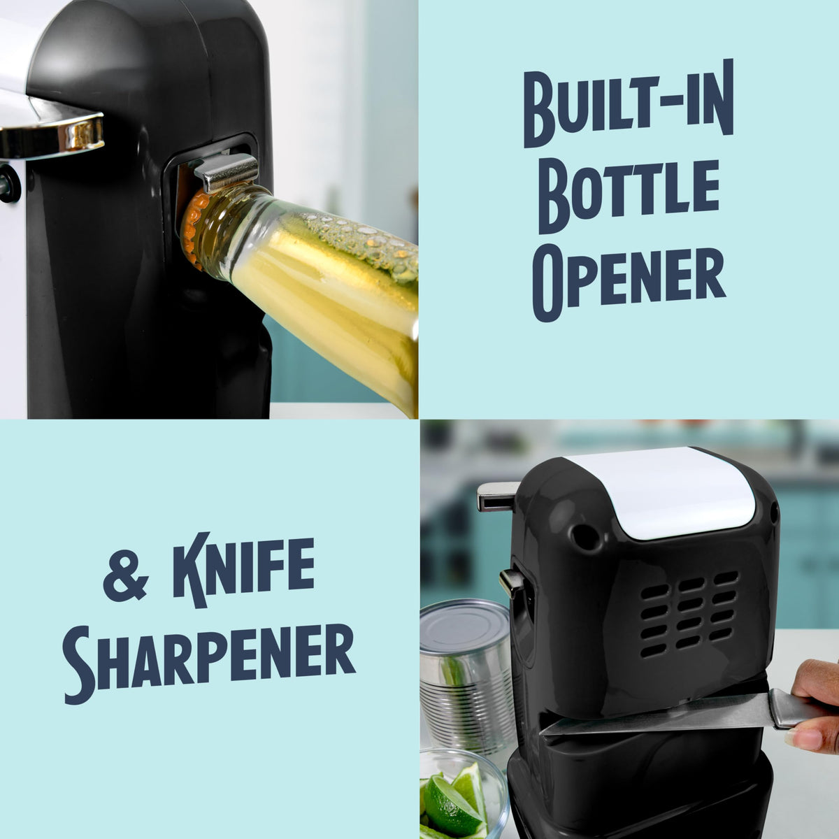 Back knife sharpener on Nostalgia can opener keeps blades sharp
