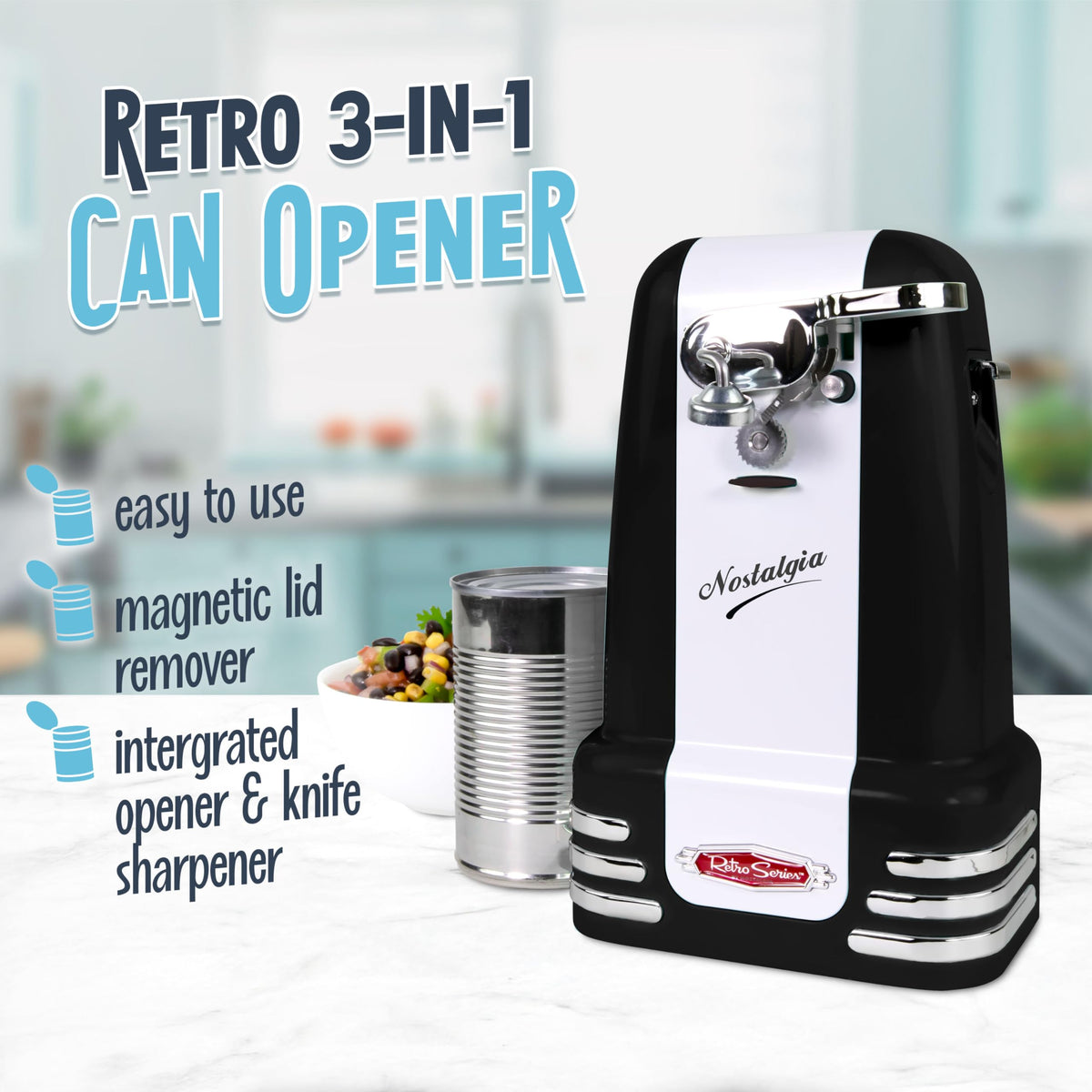 Nostalgia can opener demonstrates magnetic lid remover for clean lid removal
