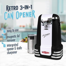 Nostalgia can opener demonstrates magnetic lid remover for clean lid removal