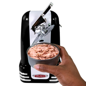 On-counter action shot of Nostalgia can opener delivering smooth openings