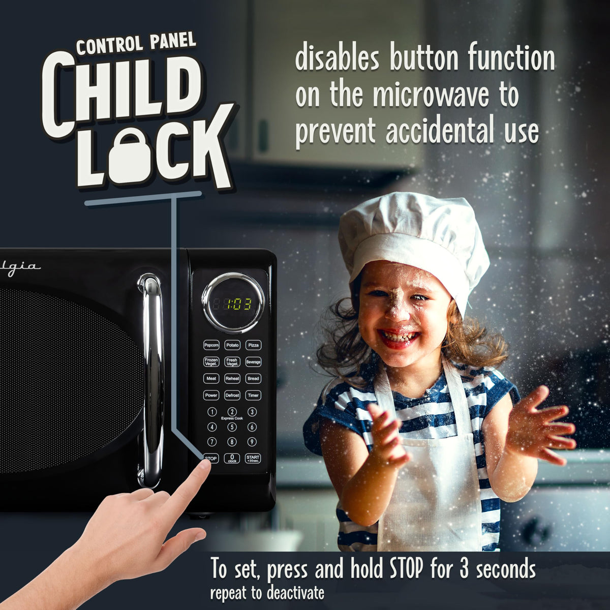 Nostalgia retro microwave with 8 auto-cook programs for quick, guided prep.