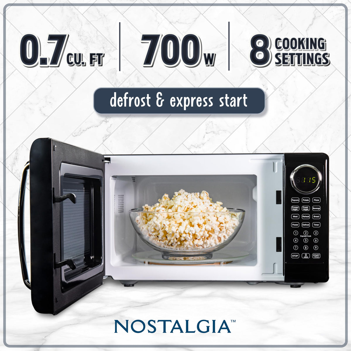 Nostalgia retro microwave control panel close-up showing easy time and power settings.