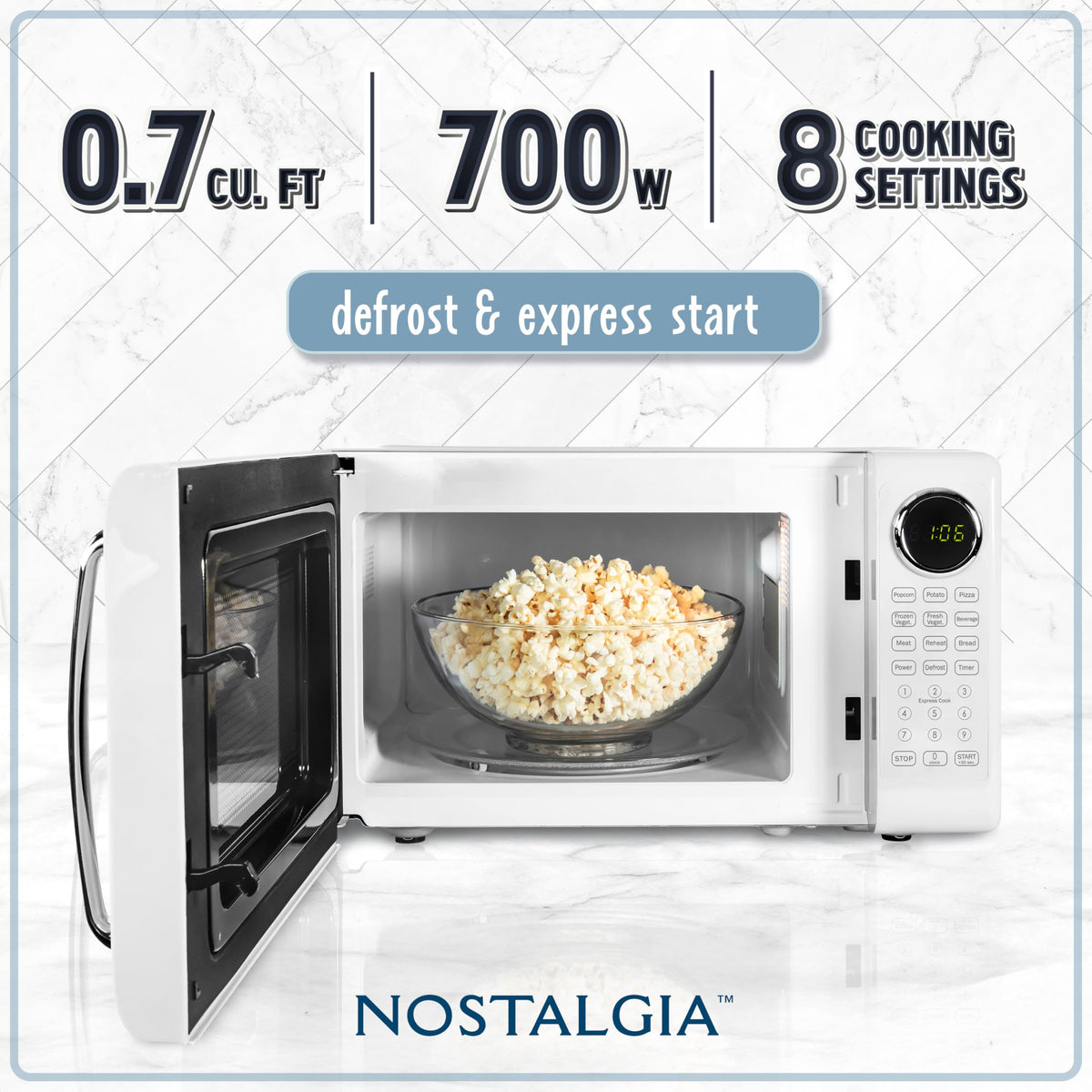 Nostalgia retro microwave oven control panel with intuitive buttons for easy operation.