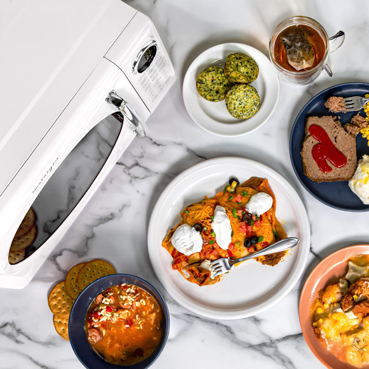 Nostalgia retro microwave oven digital clock adds modern convenience to a vintage unit.