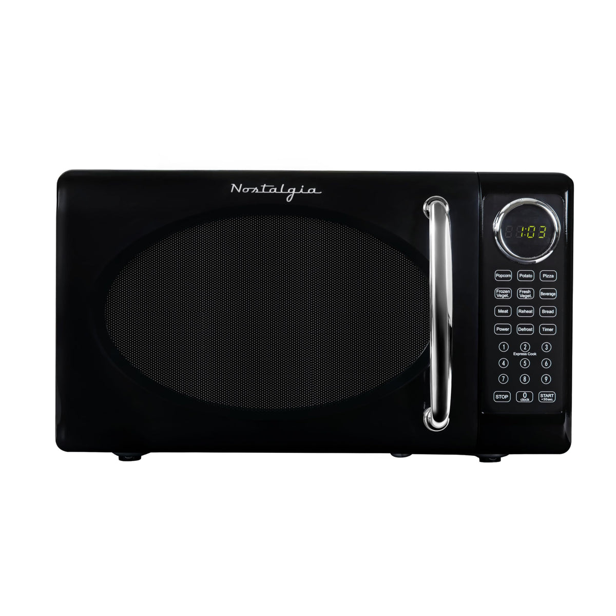 Nostalgia retro microwave front view in black for compact countertop convenience.