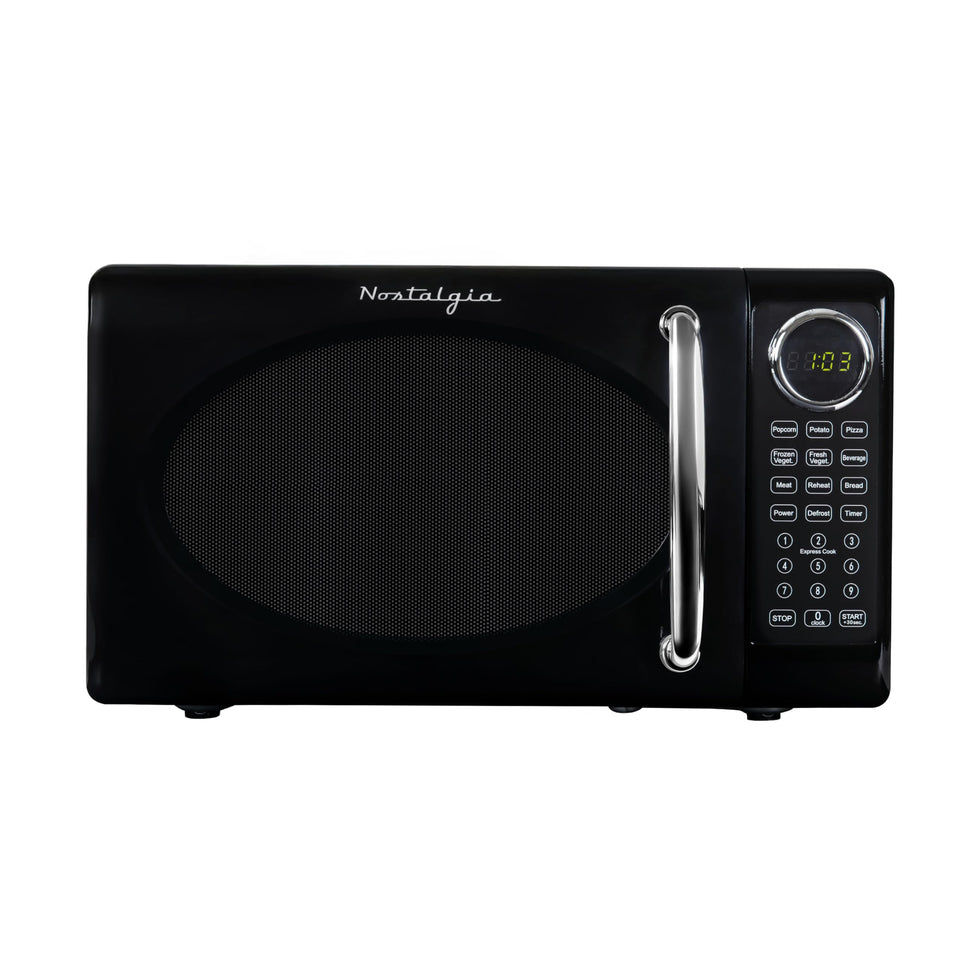 Nostalgia retro microwave front view in black for compact countertop convenience.