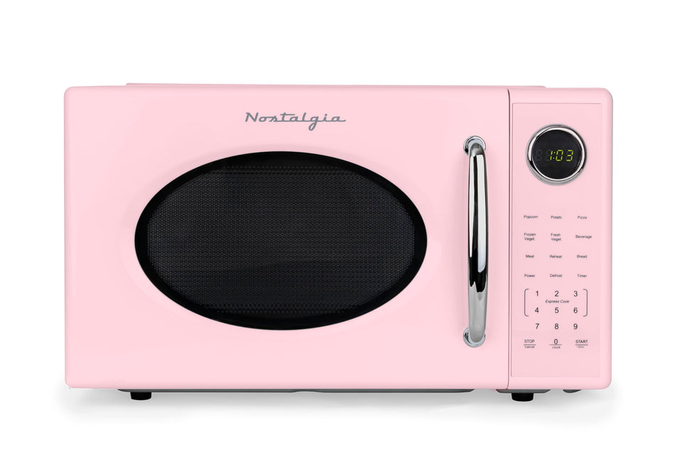 Nostalgia retro microwave front view in pink showcasing the compact design